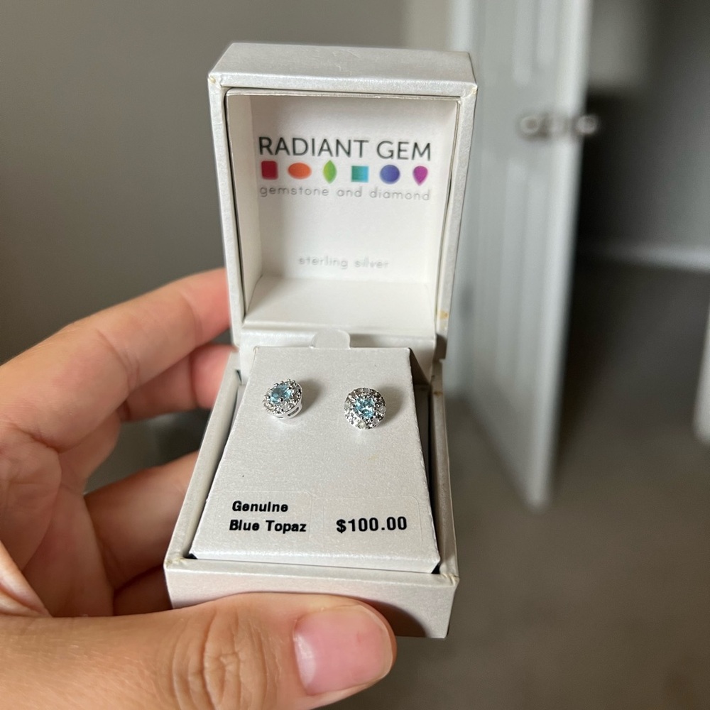 Radiant Gems Genuine Blue Topaz and Diamond Stud Earrings Sterling Silver